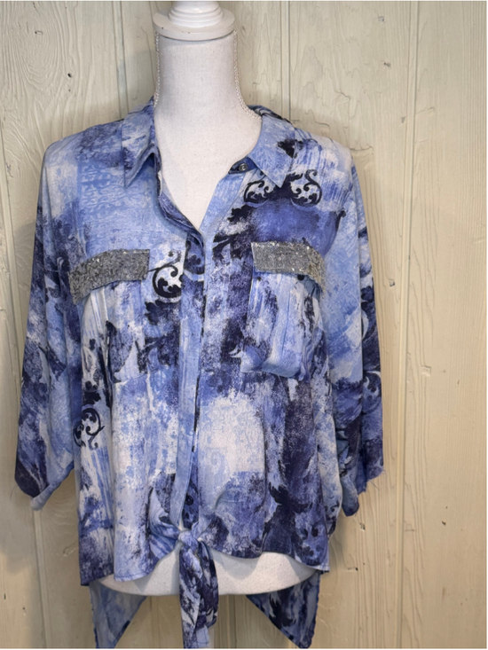 Chicos Tops - Women's Chico Blue & Silver Sequin Detail Blouse, Size 3 {L)